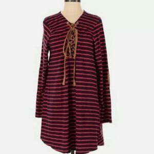 Umgee Knit Dress Small Red Blue Stripes Elbow Pads Business Casual